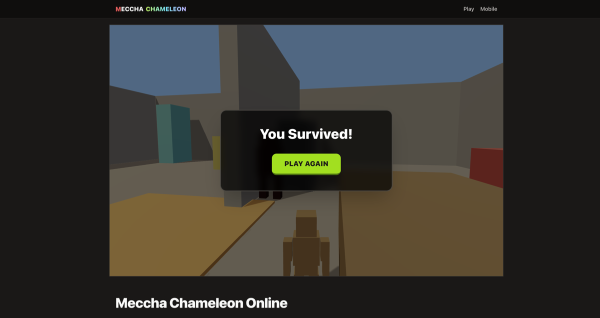 Meccha Chameleon Online gameplay with a color-changing chameleon hiding from the hunter